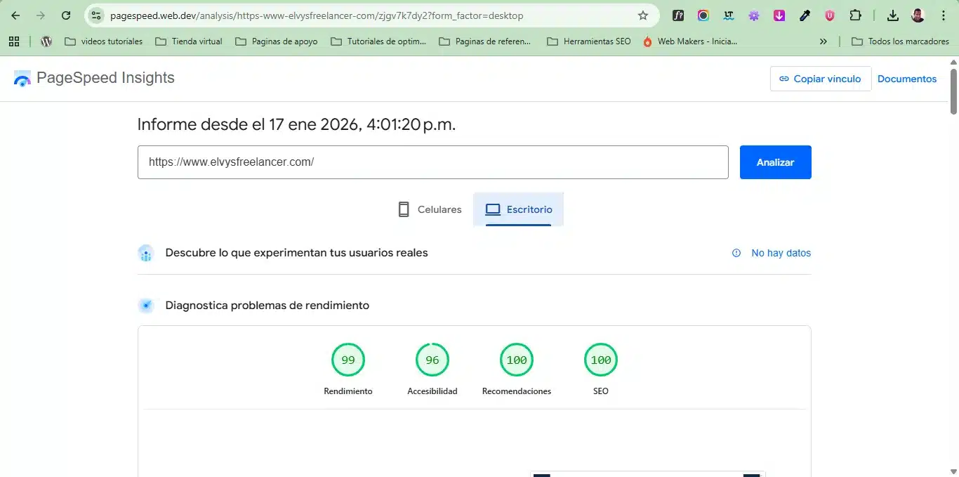 Velocidad de carga de página principal ElvysFreelancer.com